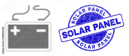 Accumulator battery halftone dotted icon, and Solar Panel seal stamp. Blue vector round textured seal stamp with Solar Panel phrase inside round shape.
