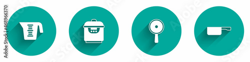 Set Measuring cup, Slow cooker, Frying pan and icon with long shadow. Vector