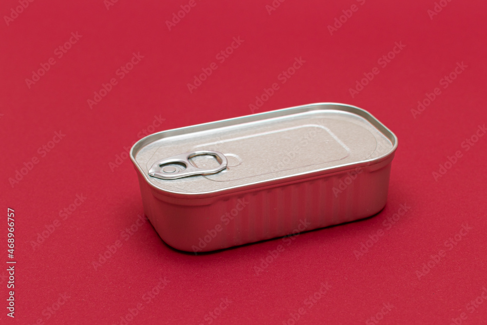 Unopened Tin Can with Blank Edge on Red Background. Canned Food. Aluminum Can for Safe and Long Term Storage of Food. Steel Sealed Food Storage Container Unopened Tin Can with Blank Edge on Red Background. Canned Food. Aluminum Can for Safe and Long Term Storage of Food. Steel Sealed Food Storage Container