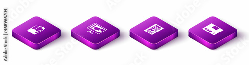 Set Isometric Printer ink bottle, Computer monitor screen, News and Carton cardboard box icon. Vector