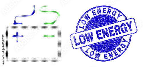 Accumulator battery halftone dotted icon with Low Energy seal stamp. Blue vector round distress seal with Low Energy message inside round form.
