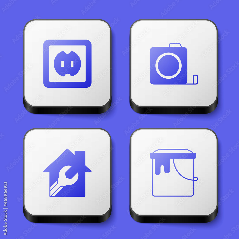 Set Electrical outlet, Roulette construction, House with wrench spanner and Paint bucket icon. White square button. Vector Set Electrical outlet, Roulette construction, House with wrench spanner and Paint bucket icon. White square button. Vector