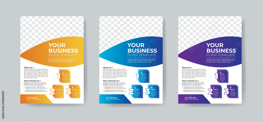 Business Flyer Template Layout with 3 Colorful Accents and Grayscale Image Masks Business Flyer Template Layout with 3 Colorful Accents and Grayscale Image Masks