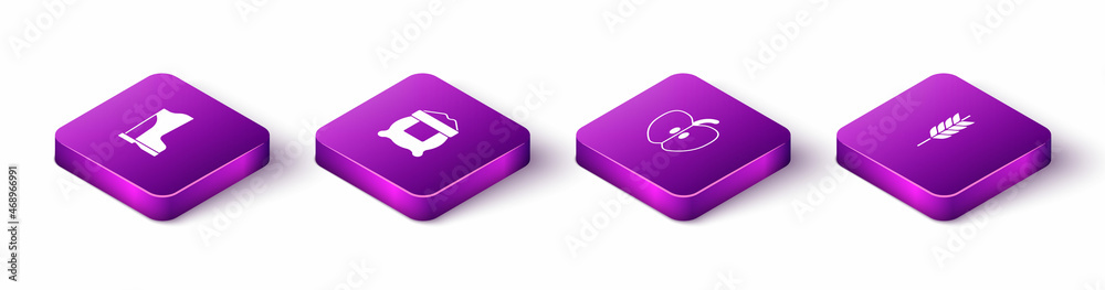 Set Isometric Waterproof rubber boot, Bag flour, Apple and Wheat icon. Vector Set Isometric Waterproof rubber boot, Bag flour, Apple and Wheat icon. Vector