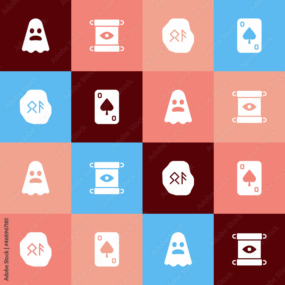 Set pop art Ghost, Magic scroll, runes and Playing cards icon. Vector Set pop art Ghost, Magic scroll, runes and Playing cards icon. Vector