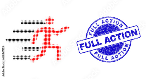 Active person halftone dotted icon with Full Action seal. Blue vector round grunge seal with Full Action caption inside round shape. Halftone active person icon array contains round elements.