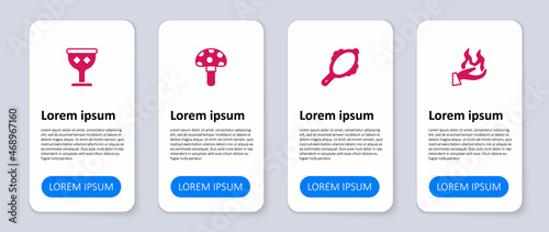 Set Hand holding fire, Magic hand mirror, Psilocybin mushroom and Medieval goblet. Business infographic template. Vector