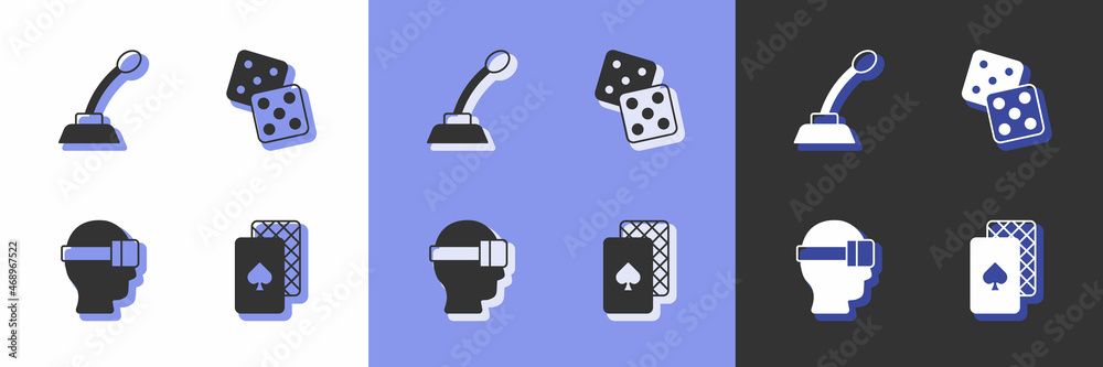 Set Playing cards, Microphone, Virtual reality glasses and Game dice icon. Vector Set Playing cards, Microphone, Virtual reality glasses and Game dice icon. Vector