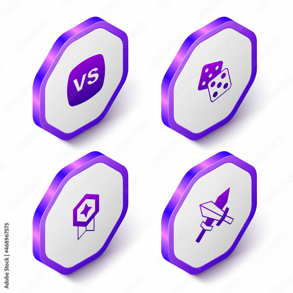 Set Isometric VS Versus battle, Game dice, rating with medal and Sword for game icon. Purple hexagon button. Vector Set Isometric VS Versus battle, Game dice, rating with medal and Sword for game icon. Purple hexagon button. Vector