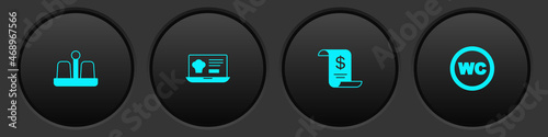 Set Salt and pepper, Online ordering delivery, Paper financial check and Toilet icon. Vector