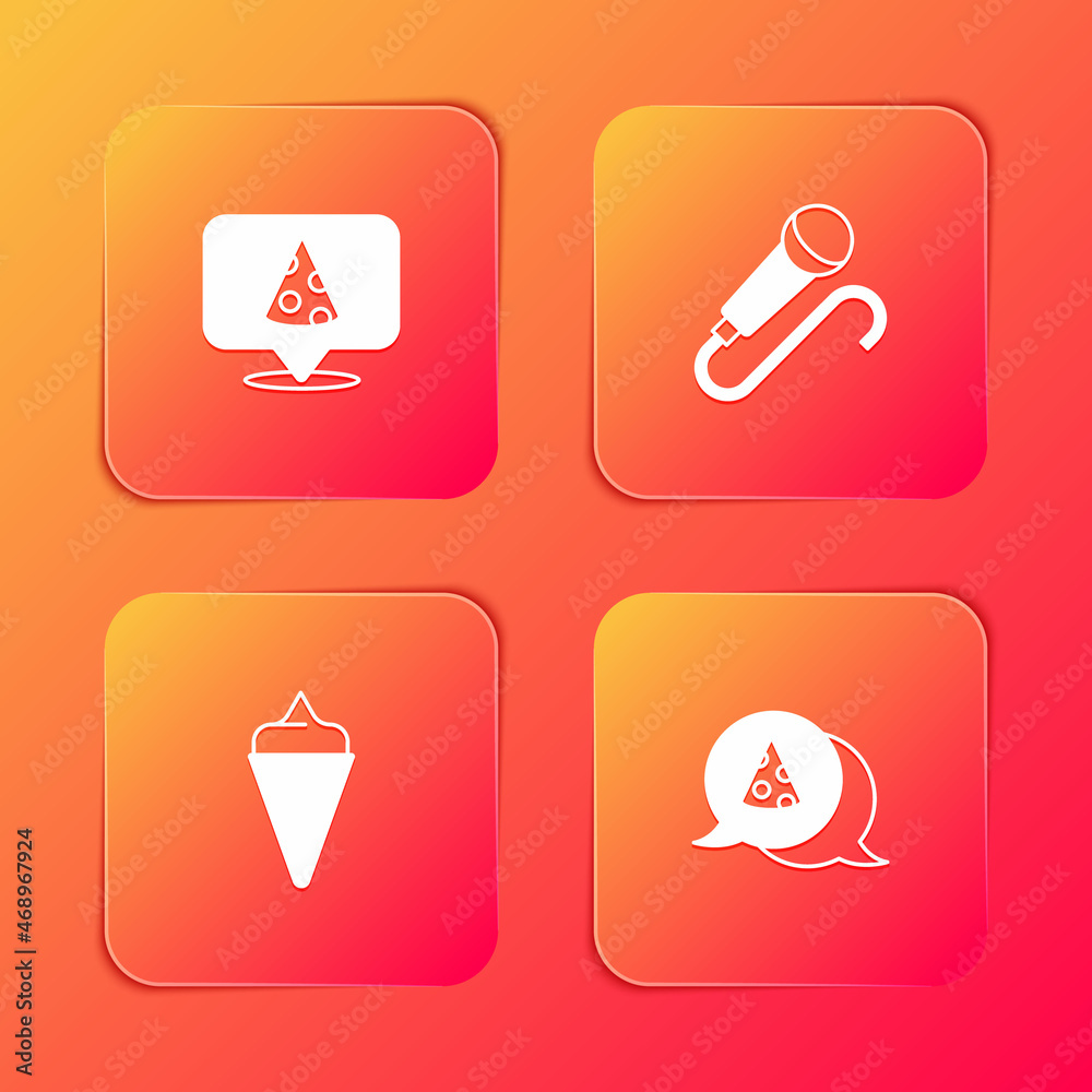 Set Slice of pizza, Microphone, Ice cream in waffle cone and icon. Vector Set Slice of pizza, Microphone, Ice cream in waffle cone and icon. Vector