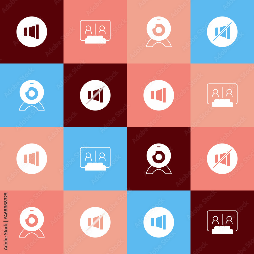 Set pop art Speaker volume, Video chat conference, Web camera and Mute microphone icon. Vector Set pop art Speaker volume, Video chat conference, Web camera and Mute microphone icon. Vector