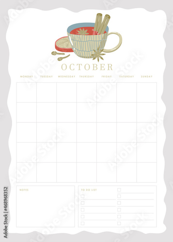 Vertical vector page undated empty October planner template page with notes and to do checkbox list and cute illustration with mulled wine, orange slice and spices photo