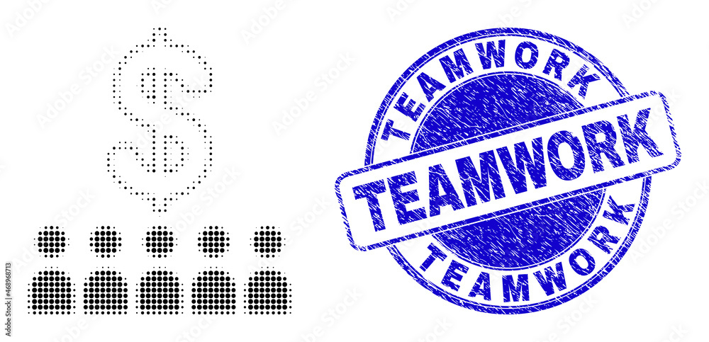 Obraz premium Bank clients halftone dotted icon with Teamwork seal stamp. Blue vector round scratched stamp with Teamwork caption inside circle shape. Halftone bank clients icon pattern contains round points.