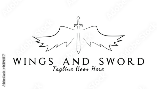 Sword and wings logo inspiration template. Sword and wings vector illustration for logo element. Line art logo template design business.