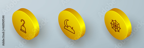 Set Isometric line Pirate hook, Moon and stars and Spider web icon. Vector