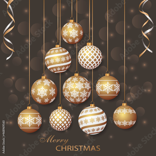 Greeting card with golden Christmas balls. Holiday decorations. Festive background. Merry Christmas and Happy New Year. Vector illustration
