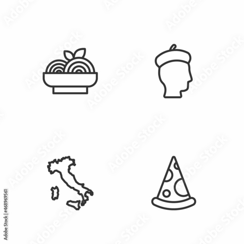 Set line Slice of pizza, Map Italy, Pasta spaghetti and French man icon. Vector
