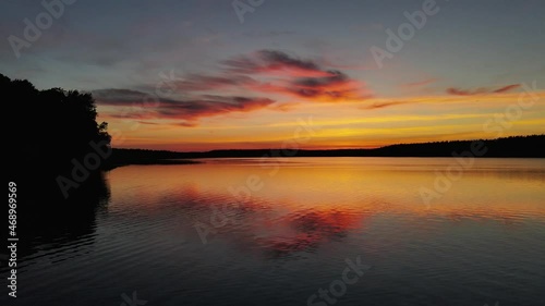 Beautiful Red Dawn Skies Reflection in Lake Drone Aerial View
