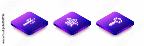 Set Isometric line Medieval axe, Fleur de lys or lily flower and Battle hammer icon. Vector