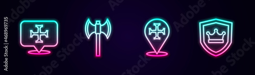 Set line Crusade, Medieval poleaxe, and Shield with crown. Glowing neon icon. Vector