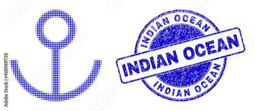 Anchor halftone dotted icon with Indian Ocean seal stamp. Blue vector round distress stamp with Indian Ocean text inside round form. Halftone anchor icon array contains circle dots.