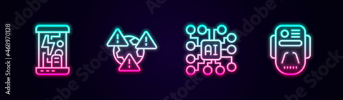 Set line Cryogenic capsules, Earth with exclamation mark, Neural network and Artificial intelligence robot. Glowing neon icon. Vector
