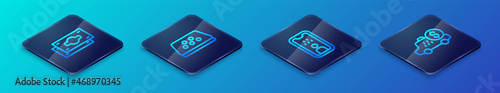 Set Isometric line Taxi driver license, Stacks paper money cash, Taximeter device and car roof icon. Vector