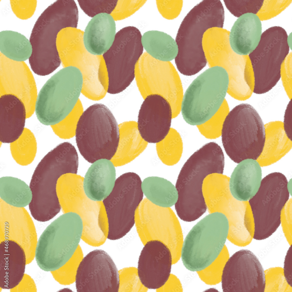 Abstract geometric seamless hand-drawn pattern. An ornament of yellow, brown and green ovals, circles on a white background. Fashion design of background, template, wrapping paper, wallpaper, fabric