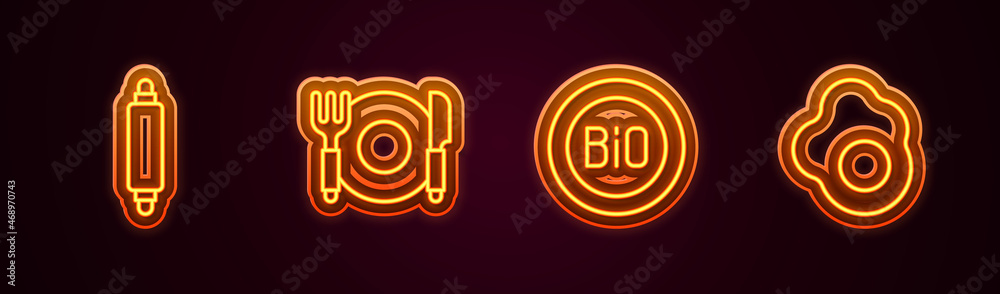 Set line Rolling pin, Plate, fork and knife, Banner bio and Scrambled egg. Glowing neon icon. Vector Set line Rolling pin, Plate, fork and knife, Banner bio and Scrambled egg. Glowing neon icon. Vector