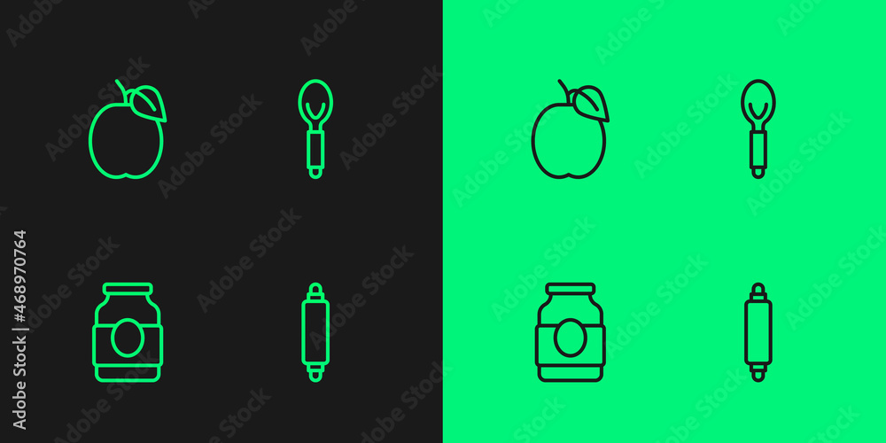 Set line Rolling pin, Jam jar, Plum fruit and Spoon icon. Vector Set line Rolling pin, Jam jar, Plum fruit and Spoon icon. Vector