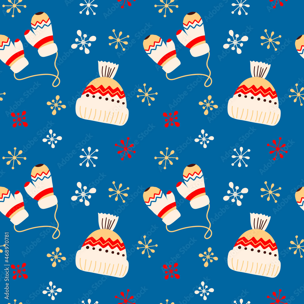 Vector winter pattern, with knitted warm hat, mittens and snowflakes in cartoon style. Christmas elements for decor, stickers, postcards, gift wrapping Vector winter pattern, with knitted warm hat, mittens and snowflakes in cartoon style. Christmas elements for decor, stickers, postcards, gift wrapping