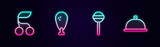 Set line Fresh berries, Chicken leg, Lollipop and Covered with tray of food. Glowing neon icon. Vector
