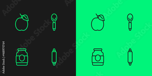 Set line Rolling pin, Jam jar, Plum fruit and Spoon icon. Vector