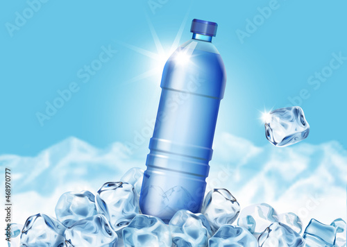 Plastic mineral water bottle on blue background with ice cubes and mountains. Drinking water ad design template. Vector 3d