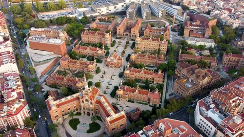 Recinte Modernista de Sant Pau. Aerial view of Barcelona, Spain, UHD, 4K photo