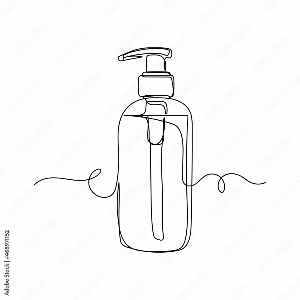 Obraz premium Vector continuous one single line drawing icon of dispenser of liquid soap in silhouette sketch on a white background. Linear stylized.