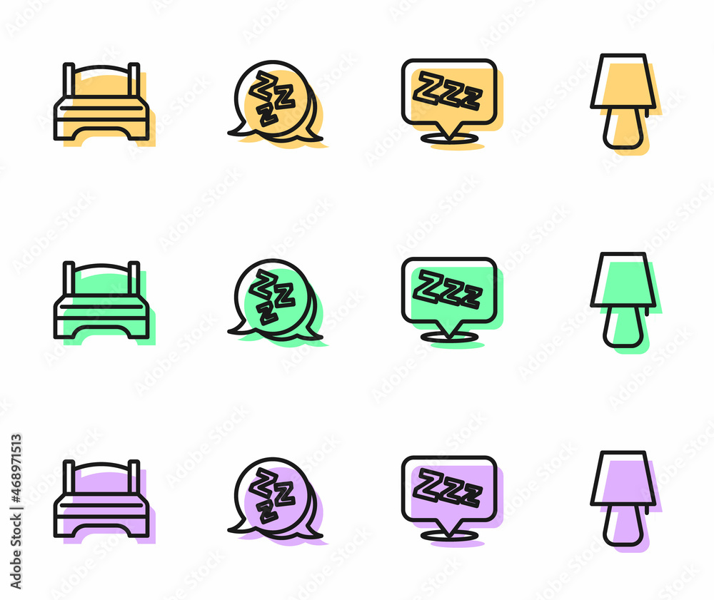 Set line Sleepy, Big bed, and Table lamp icon. Vector Set line Sleepy, Big bed, and Table lamp icon. Vector