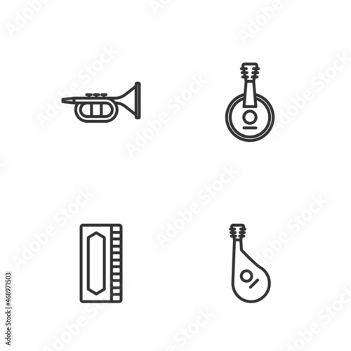 Set line Bandura, Harmonica, Trumpet and Banjo icon. Vector