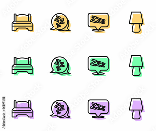 Set line Sleepy, Big bed, and Table lamp icon. Vector