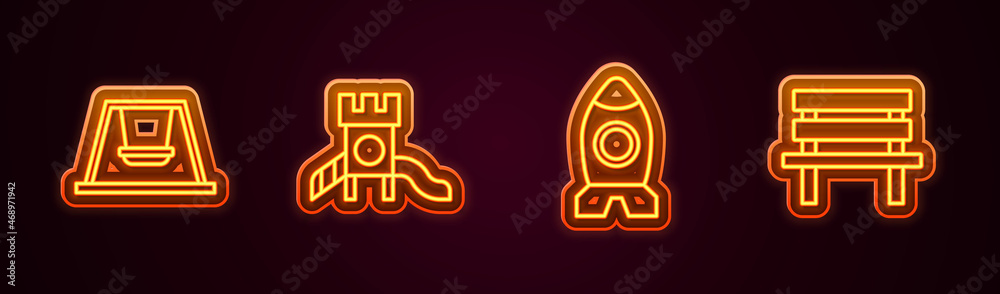 Set line Swing for kids, Slide playground, Rocket ship toy and Bench. Glowing neon icon. Vector Set line Swing for kids, Slide playground, Rocket ship toy and Bench. Glowing neon icon. Vector