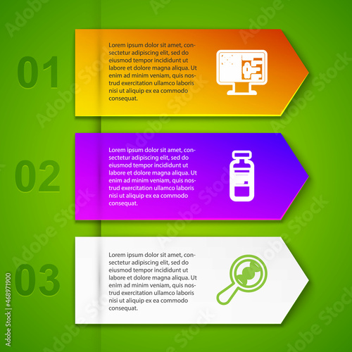 Set line Clinical record on monitor, Medical vial, ampoule, DNA research, search and . Business infographic template. Vector