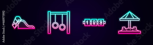 Set line Slide playground, Gymnastic rings, Education logic game and Sandbox with sand. Glowing neon icon. Vector