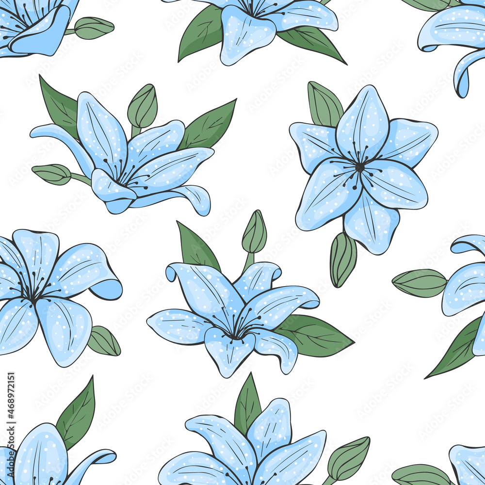 seamless pattern from blue lilies. Floral endless texture. Vector illustration. Cartoon style. seamless pattern from blue lilies. Floral endless texture. Vector illustration. Cartoon style.