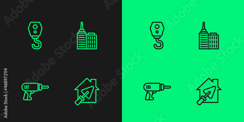 Set line House with trowel, Electric drill machine, Crane hook and City landscape icon. Vector