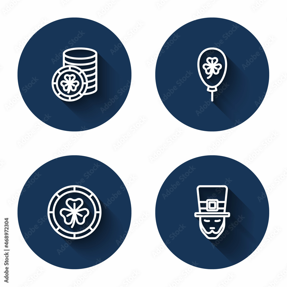 Set line Golden leprechaun coin, Balloon with clover trefoil leaf, and Leprechaun with long shadow. Blue circle button. Vector Set line Golden leprechaun coin, Balloon with clover trefoil leaf, and Leprechaun with long shadow. Blue circle button. Vector