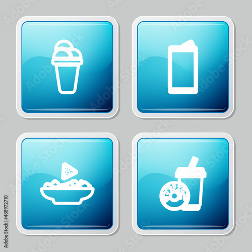 Set line Ice cream  Aluminum can  Nachos plate and Soda drink with donut icon. Vector