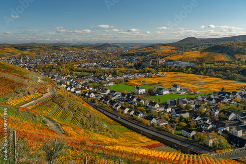 Ahrtal, Weinberge am Rotweinwanderweg mit Blick auf Bad Neuenahr-Ahrweiler im Herbst