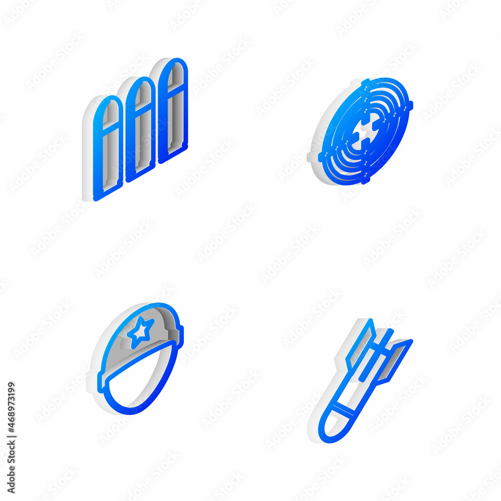 Set Isometric line Target sport, Bullet, Military helmet and Aviation bomb icon. Vector
