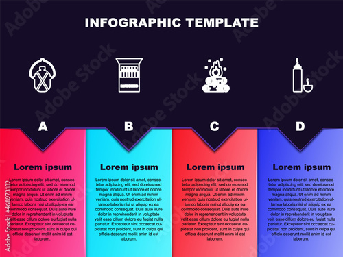 Set line Canteen water bottle, Open matchbox and matches, Campfire and Thermos container. Business infographic template. Vector